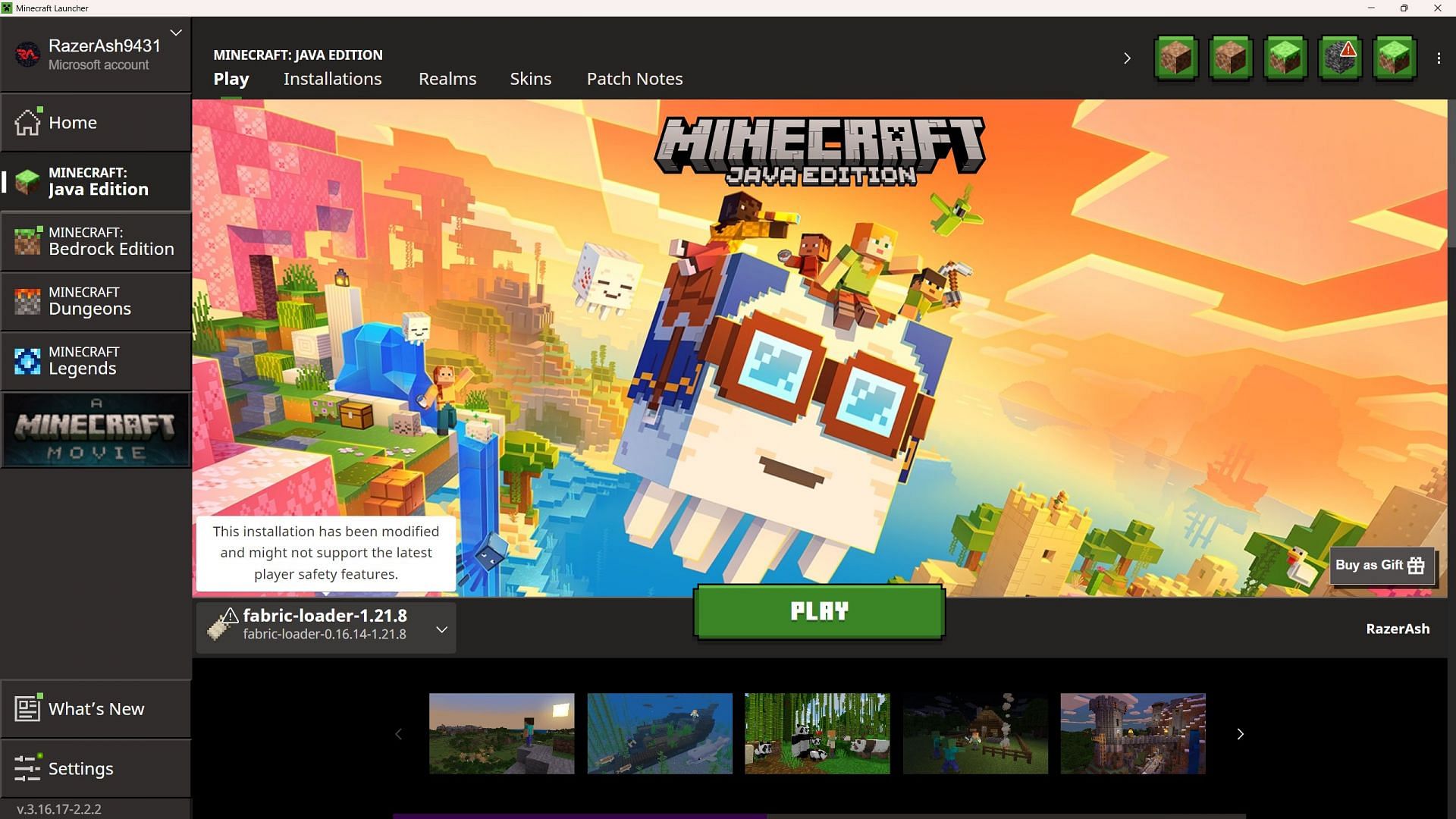 Minecraft's official launcher should show the modded version (Image via Mojang Studios)